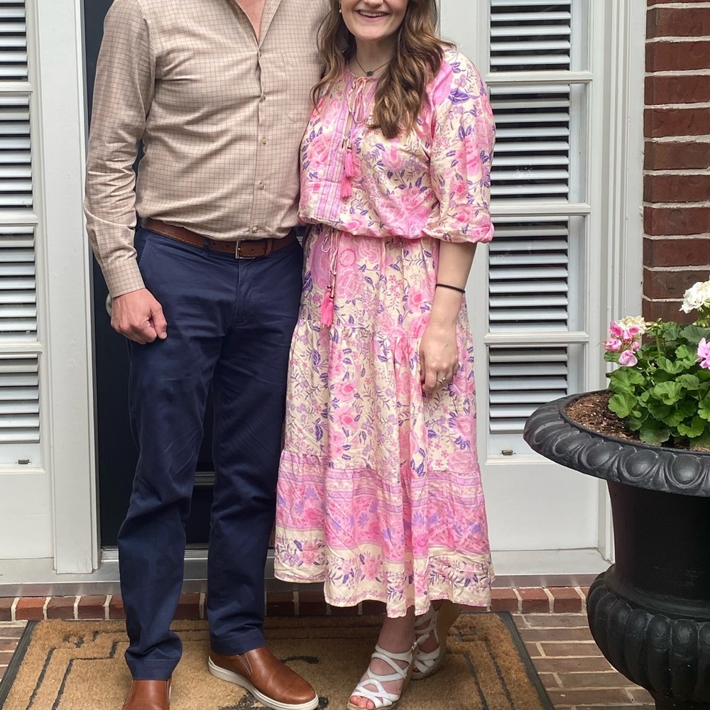 Pink boho gypsy midi dress floral print cream